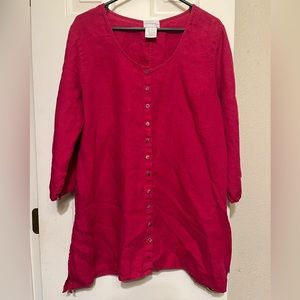 Soft Surroundings Long Tunic Red Button Up Lagenlook 100% Linen XL Made in USA
